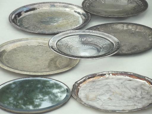 silvery vintage trays lot, tarnished silver plate trays, mirror tray etc.