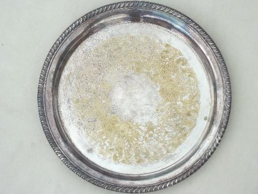 silvery vintage trays lot, tarnished silver plate trays, mirror tray etc.