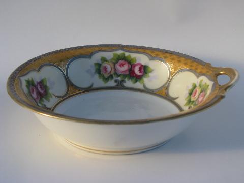 single handled serving bowl, Noritake painted roses on blue and mustard gold