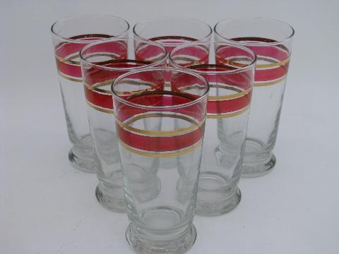 six vintage glasses, ruby stain flashed trim w/ gold