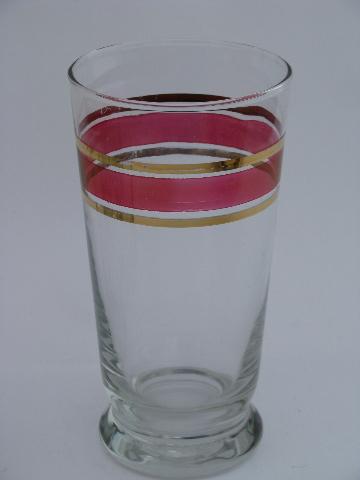 six vintage glasses, ruby stain flashed trim w/ gold