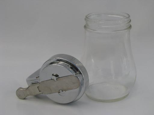 small glass syrup pitcher, drip-cut type metal lid w/ vintage glass jar