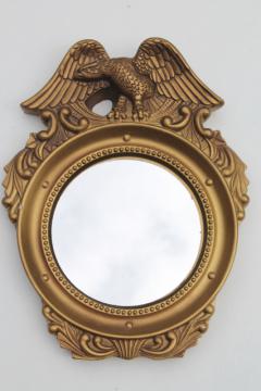 small round mirror in gold plaster Federal eagle frame, vintage chalkware framed wall mirror