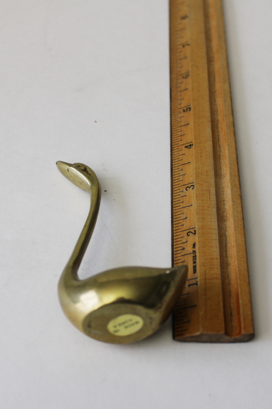small solid brass swan figurine, 70s vintage paperweight long necked bird