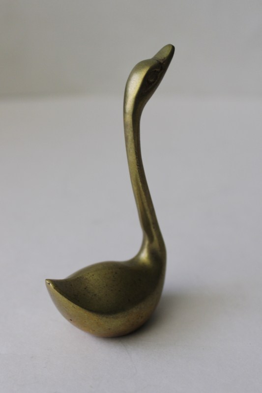 small solid brass swan figurine, 70s vintage paperweight long necked bird