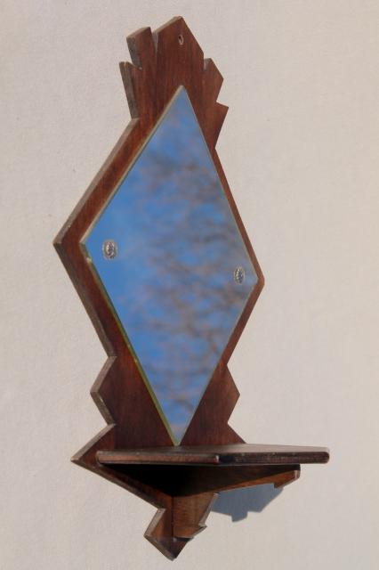 small wood wall shelf w/ mirror, 1930s 40s vintage shrine or display shelf