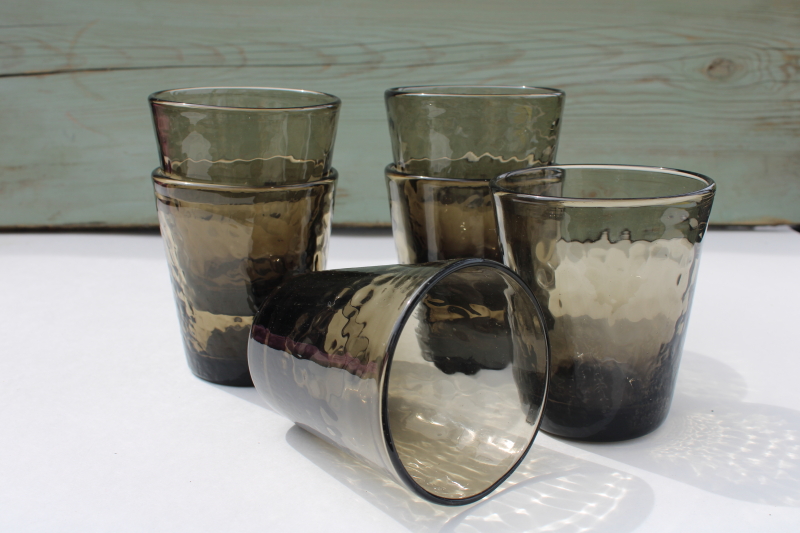 -smoke brown glass double old fashioned drinking glasses, hammered texture tumblers