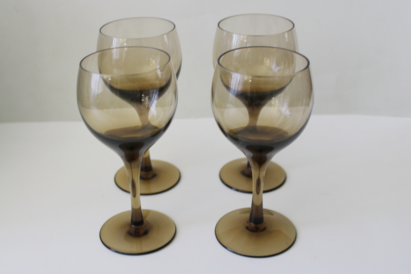 smoke brown glass wine glasses, mod vintage stemware set of goblets