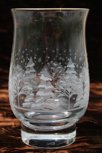 snowy forest Christmas glasses, Libbey tulip shape tumblers w/ white pine trees
