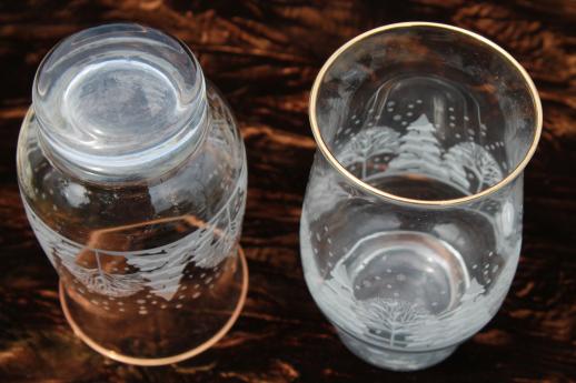 snowy forest Christmas glasses, Libbey tulip shape tumblers w/ white pine trees