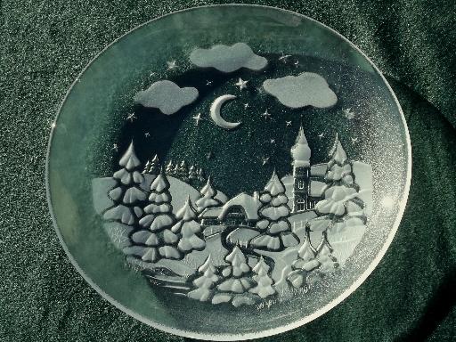 snowy, silent night Christmas plates, set of 8 clear pressed glass plates