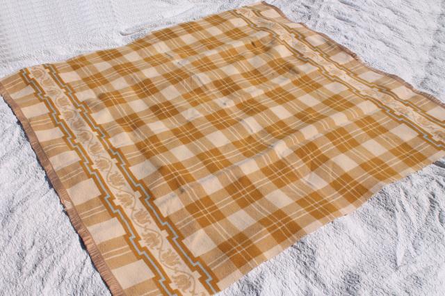 soft old cotton camp blanket, 1940s or 50s vintage tan brown, ivory, blue