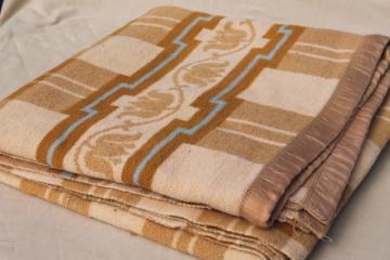 soft old cotton camp blanket, 1940s or 50s vintage tan brown, ivory, blue