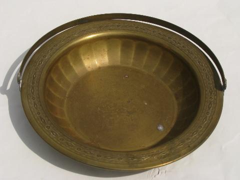 solid brass basket w/ handle and matching bowl, vintage brassware