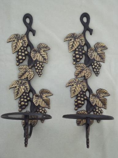solid brass candle sconces pair, antique bronze grapes candle holders