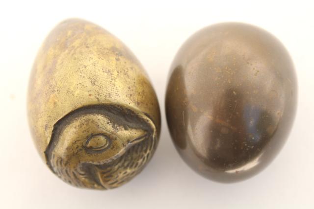 solid brass eggs, egg w/ hatching chick inside, tarnished brass egg made in England