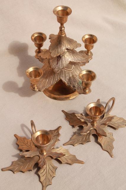 solid brass holiday candle holders, Christmas tree & pair of holly leaf candlesticks