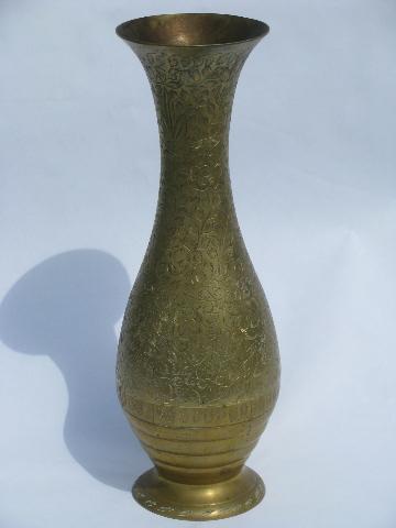 solid brass large etched vase, vintage India brassware, 70s-80s retro