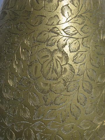 solid brass large etched vase, vintage India brassware, 70s-80s retro