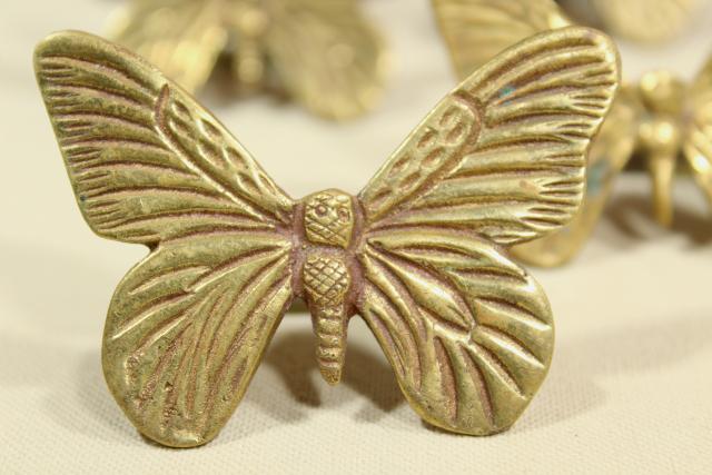 solid brass napkin rings set, retro 70s 80s vintage brass butterflies