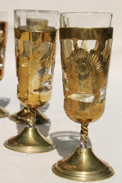 solid brass overlay tiny goblets w/ serving tray, vintage set sherry wine cordial glasses