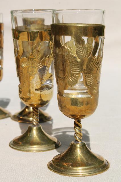 solid brass overlay tiny goblets w/ serving tray, vintage set sherry wine cordial glasses