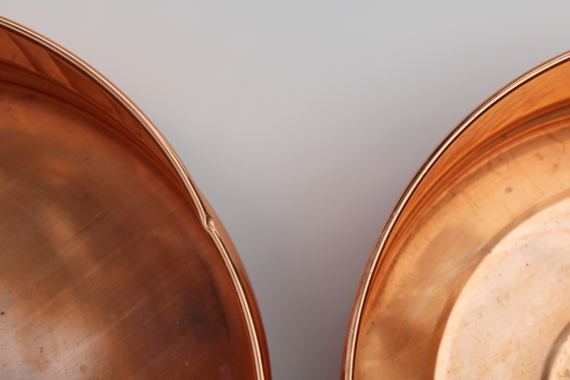 solid copper pans Bristol Brass label hand crafted American made, shiny copper planters or bowls