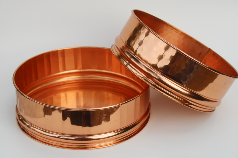 solid copper pans Bristol Brass label hand crafted American made, shiny copper planters or bowls