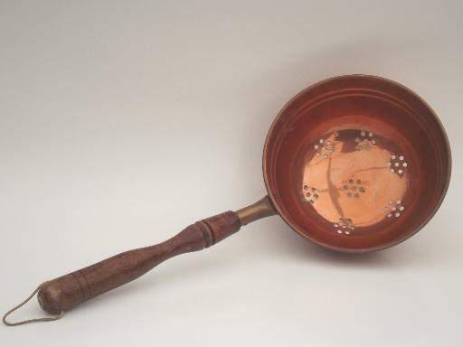 solid copper  strainer scoop, vintage wood handled dipper skimmer basket