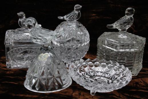 song birds pattern pressed glass novelty miniatures lot - bird boxes, bell, cup plate