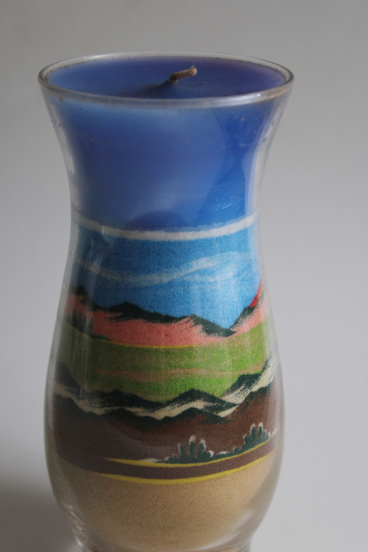 southwest desert scene sand art candle, retro hippie decor layered sand painting glass jar