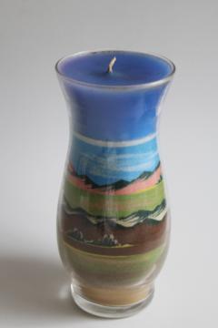 southwest desert scene sand art candle, retro hippie decor layered sand painting glass jar