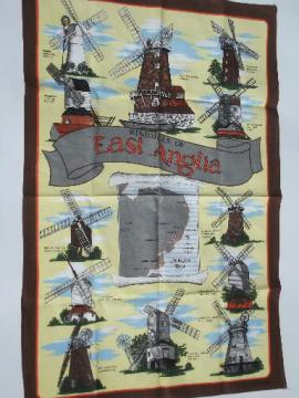 souvenir printed cotton tea towel, English windmills of East Anglia