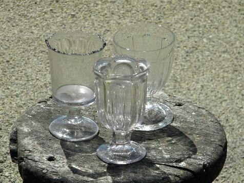 spooners or celery vases, old pressed pattern glass goblets, vintage EAPG
