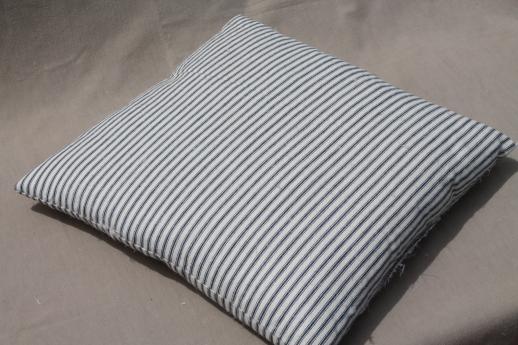 square pillow w/ old blue striped ticking, 1940s or 50s vintage feather pillow