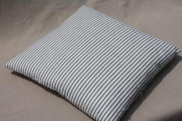 square pillow w/ old blue striped ticking, 1940s or 50s vintage feather pillow