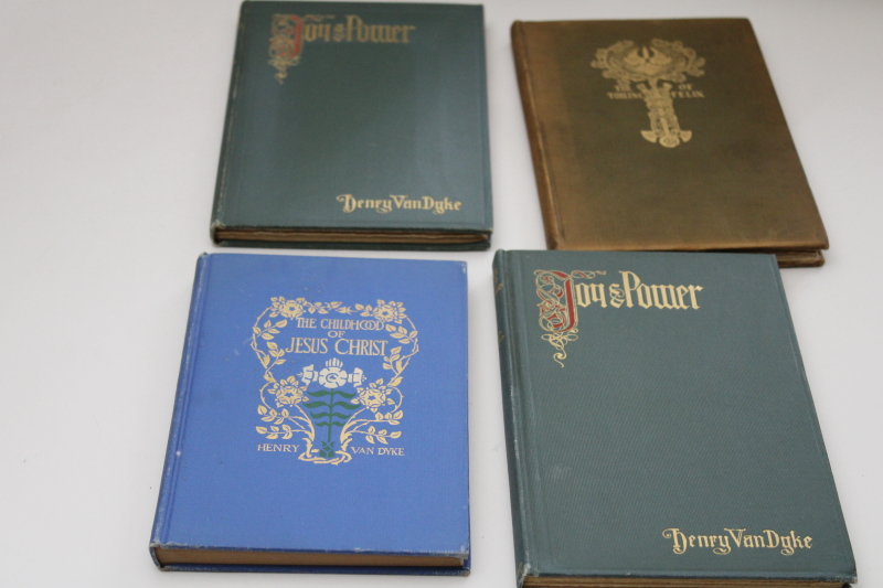 stack of antique books blue  green covers, early 1900s vintage Henry Van Dyke ornate bindings