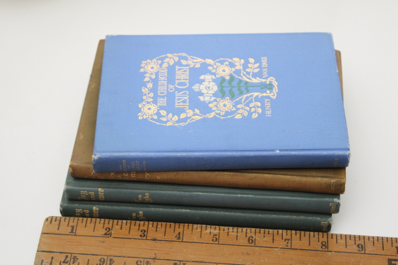 stack of antique books blue  green covers, early 1900s vintage Henry Van Dyke ornate bindings