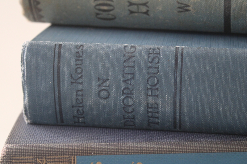 stack of vintage books on home decor and housekeeping early to mid century, blue cloth covers