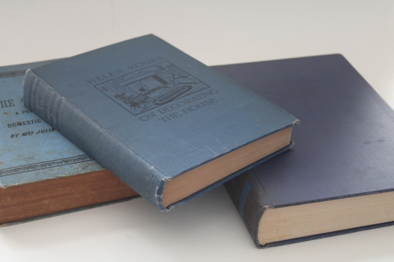 stack of vintage books on home decor and housekeeping early to mid century, blue cloth covers