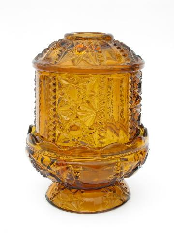 star pattern pressed glass, vintage candle lamp fairy light in amber