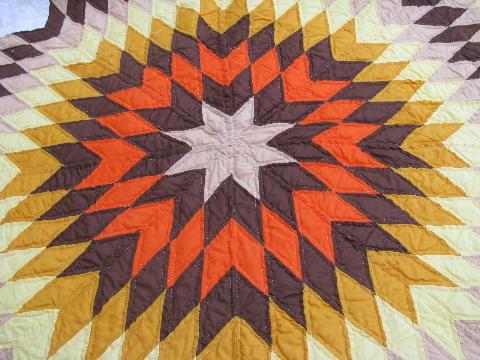 starburst lone star pattern patchwork quilt, hand-stitched, 1950s vintage cotton fabric