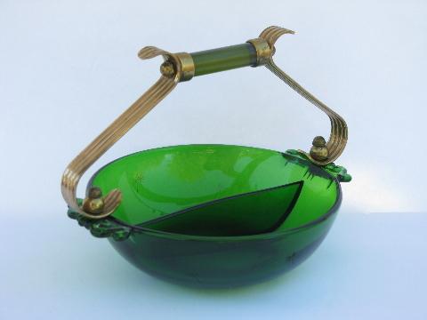 star-cut Emerald-Glo emerald green dish w/ brass, vintage Paden City glass