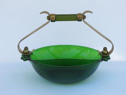 star-cut Emerald-Glo emerald green dish w/ brass, vintage Paden City glass
