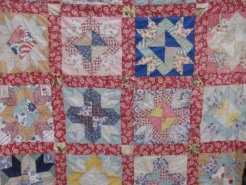 stars vintage quilt top, hand-stitched patchwork, old cotton print fabric