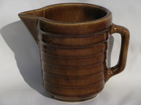 stepped band pattern old antique brown stoneware pottery milk pitcher