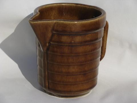 stepped band pattern old antique brown stoneware pottery milk pitcher