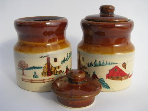 stoneware spice set, crock jars w/ old-fashioned Christmas scenes