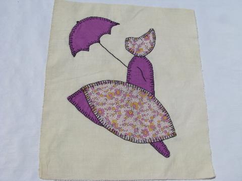 sunbonnet lady vintage quilt top blocks, hand-stitched patchwork applique, old cotton print fabric