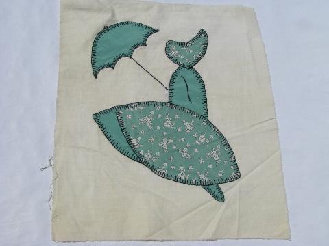 sunbonnet lady vintage quilt top blocks, hand-stitched patchwork applique, old cotton print fabric